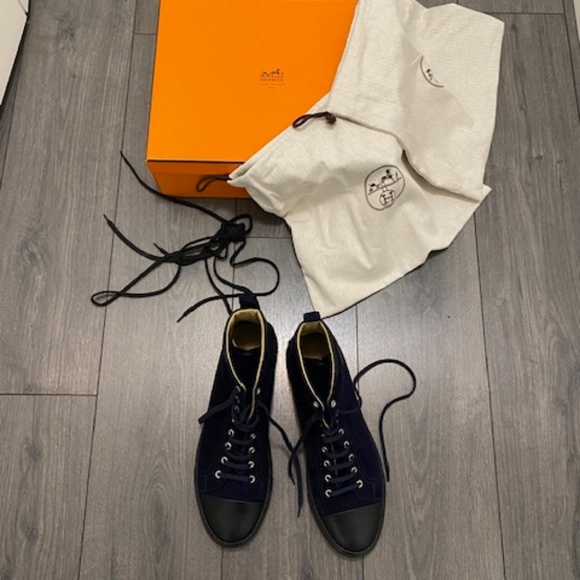 Hermes Jimmy Blue Suede High Tops Sneakers Size 11 - Picture 2 of 16